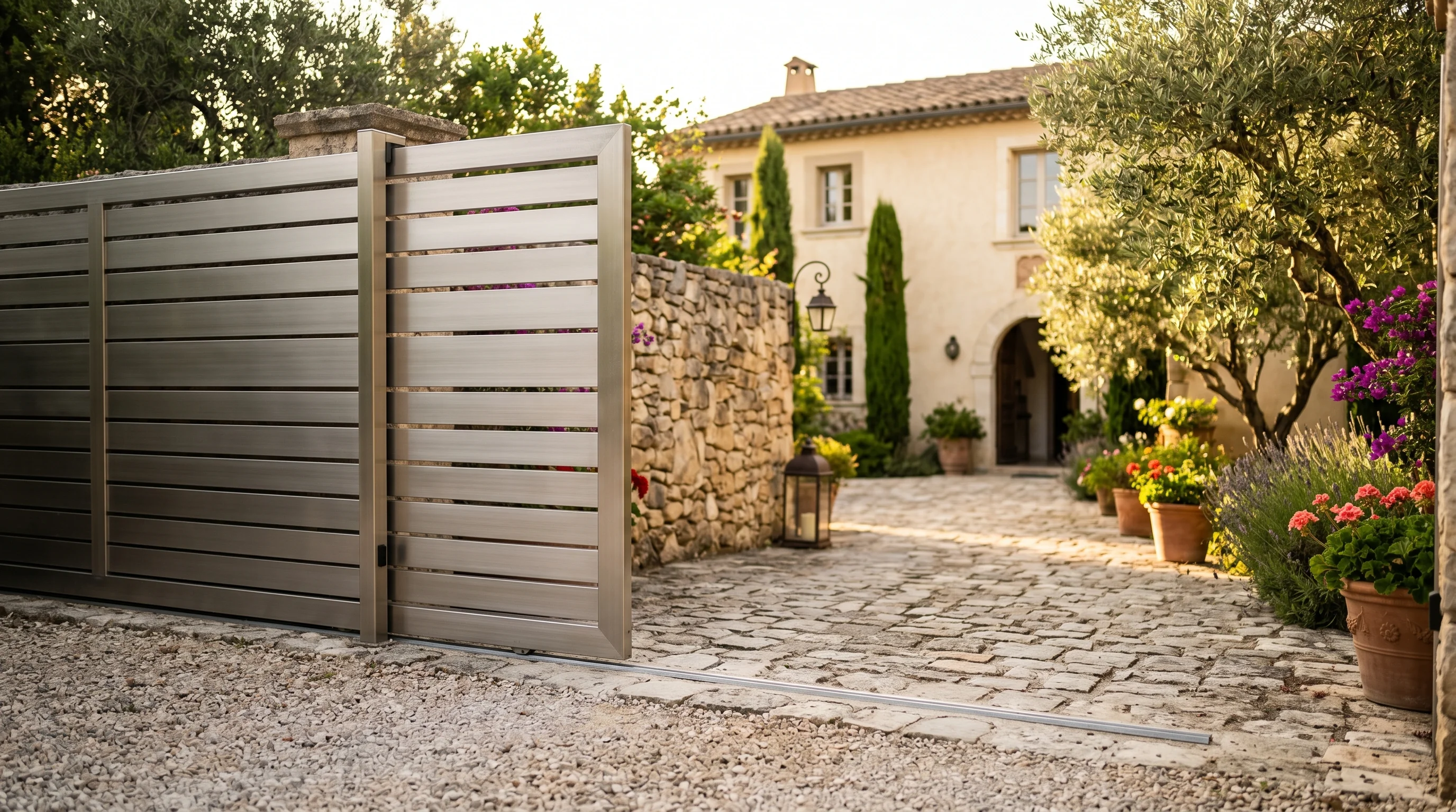Portail coulissant résidentiel en aluminium brossé devant une villa méditerranéenne