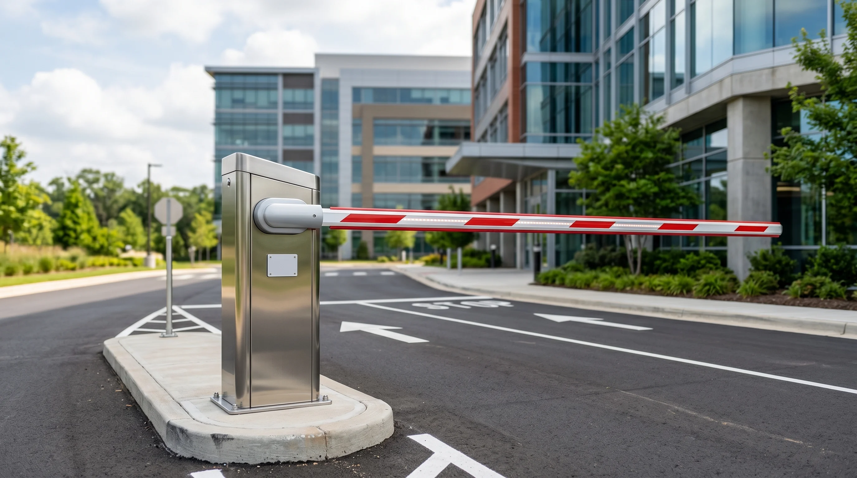 Barrière automatique levante professionnelle en entrée de parking d'entreprise