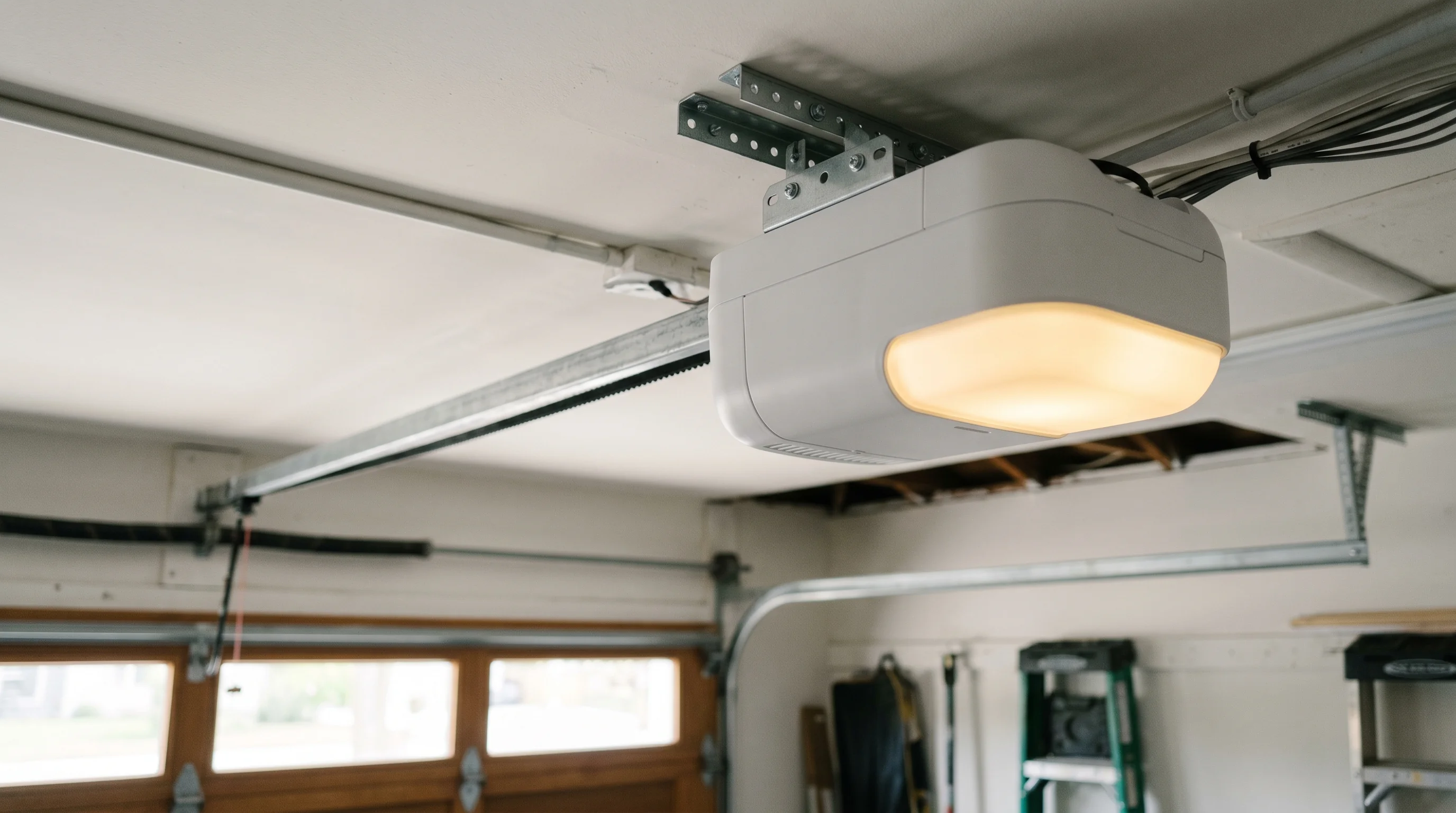 Moteur de porte de garage monté au plafond avec rail visible