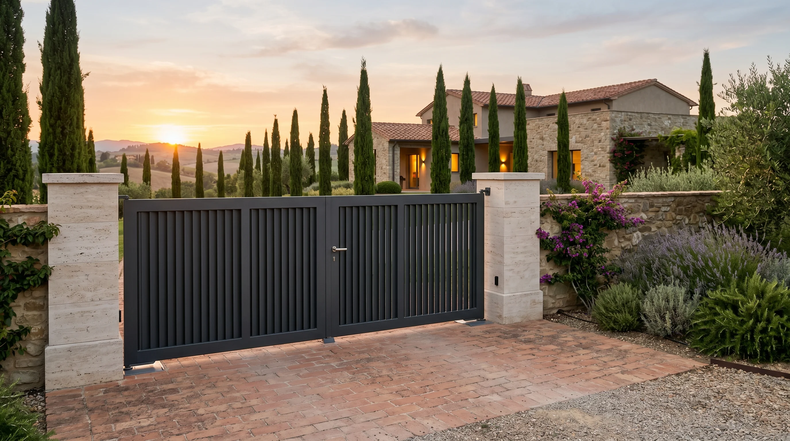 Portail battant à deux vantaux automatisé devant une villa italienne