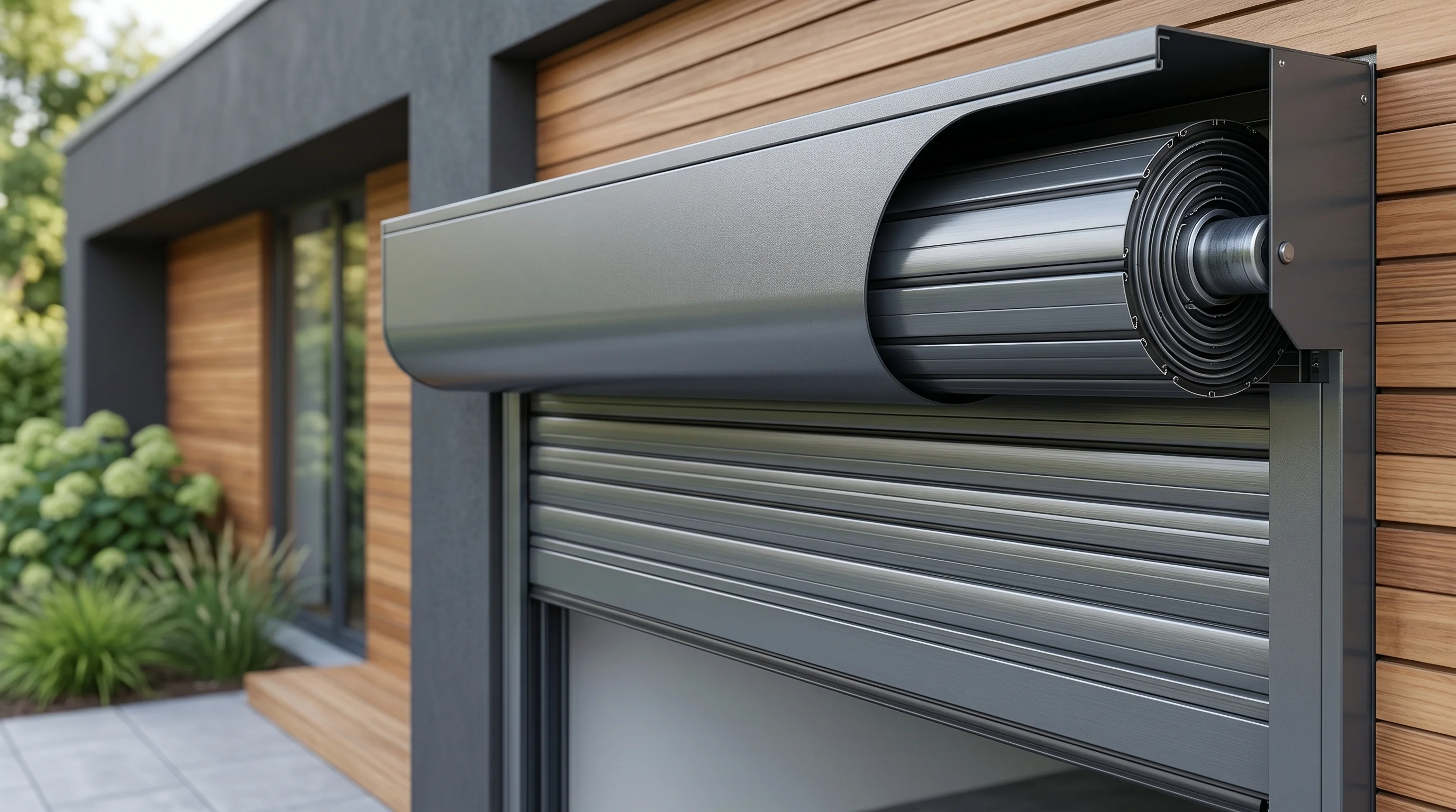 Porte de garage enroulable aluminium en cours d'ouverture sur maison moderne