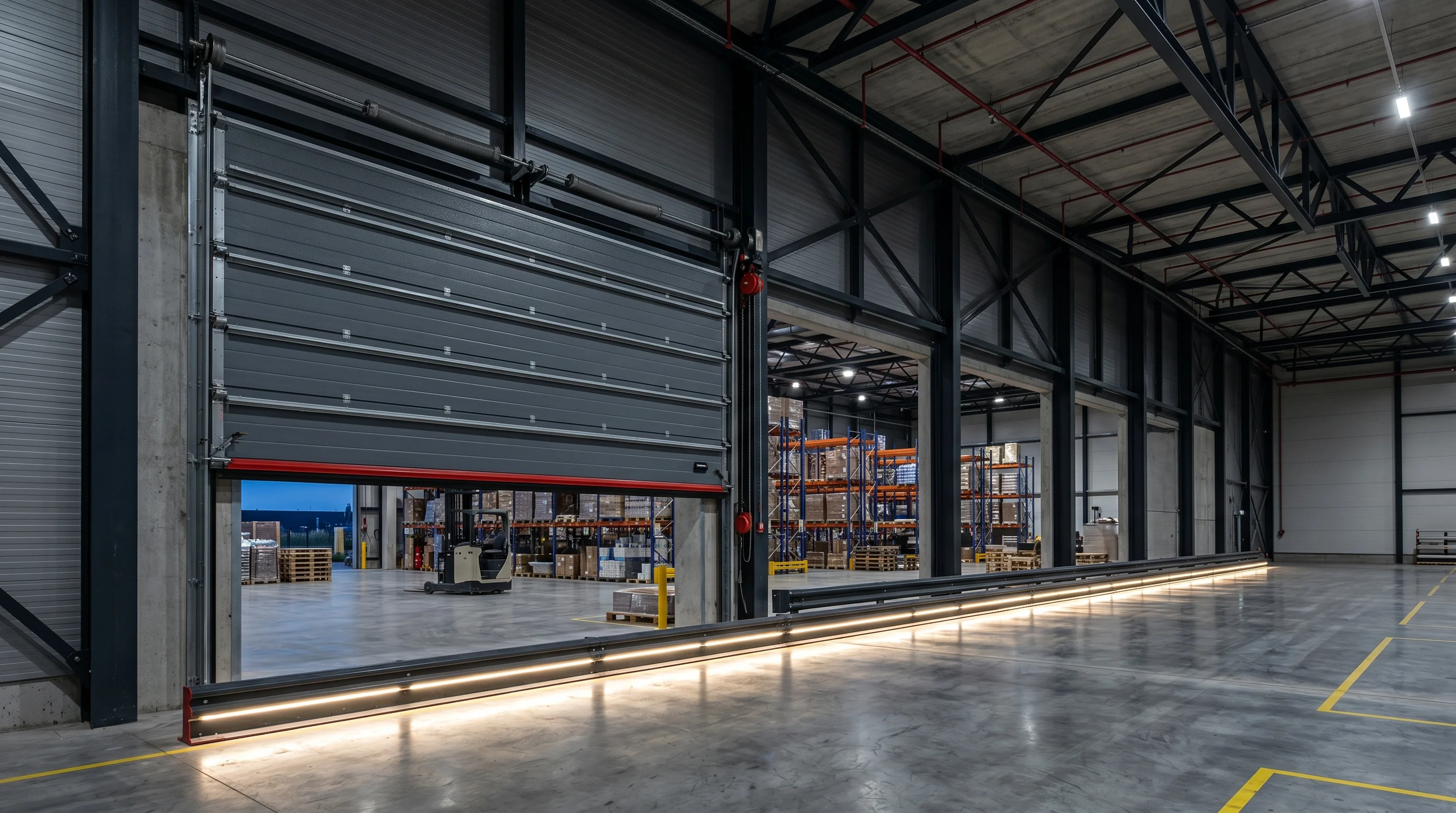 Grande porte sectionnelle industrielle entrebâillée dans un entrepôt logistique moderne