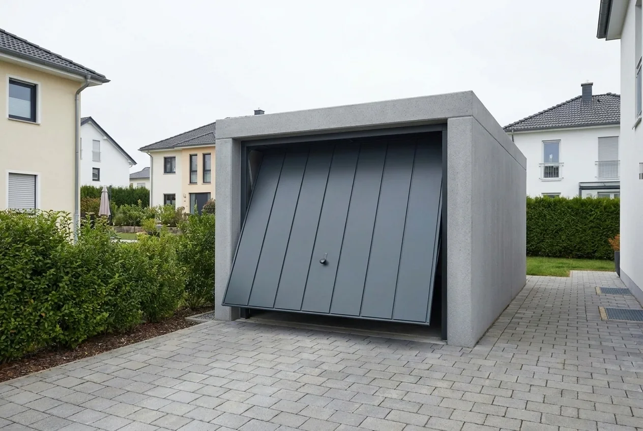 Porte de garage basculante Hörmann Berry sur garage préfabriqué