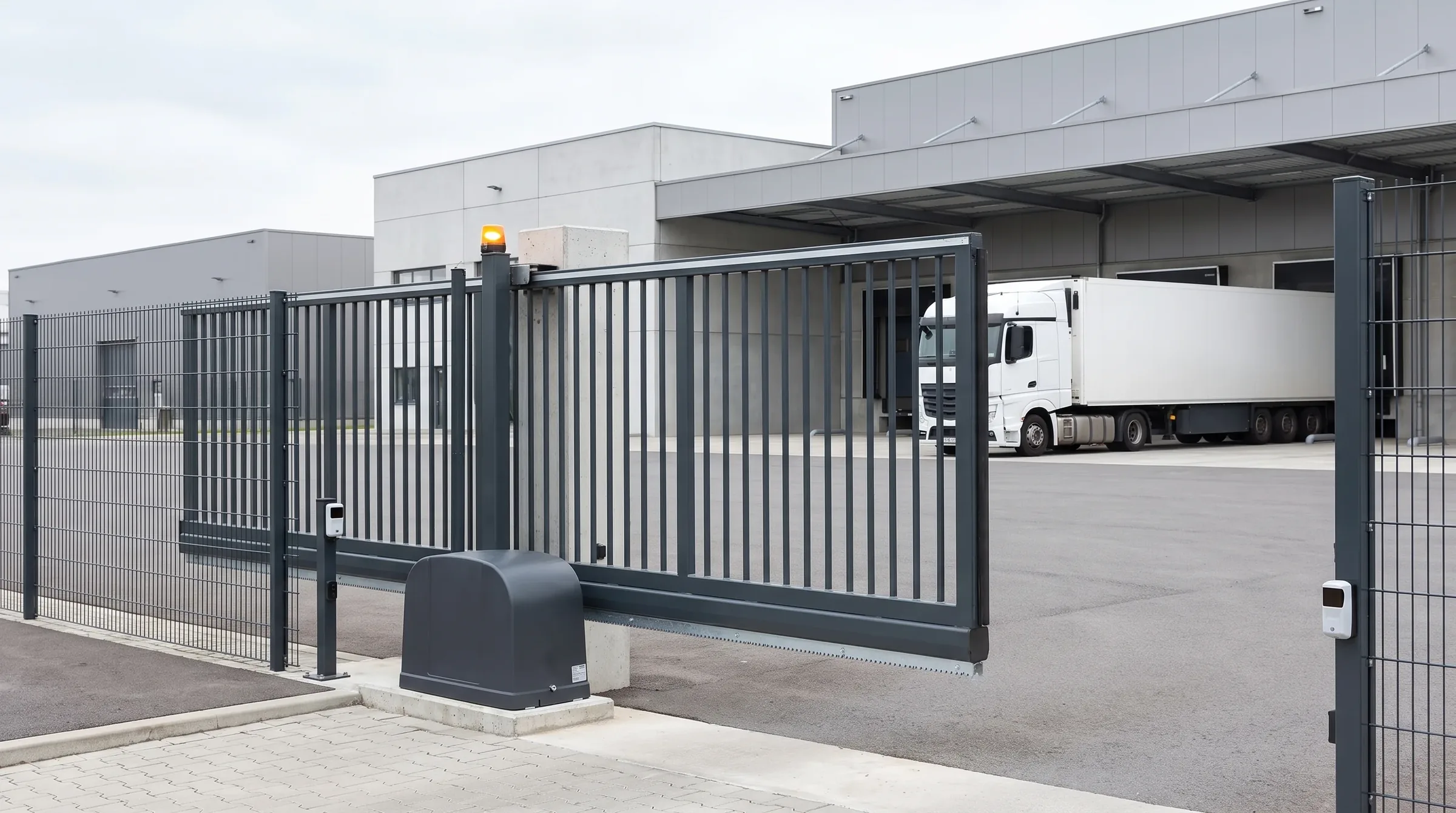 Motorised Hörmann industrial sliding gate in a business park