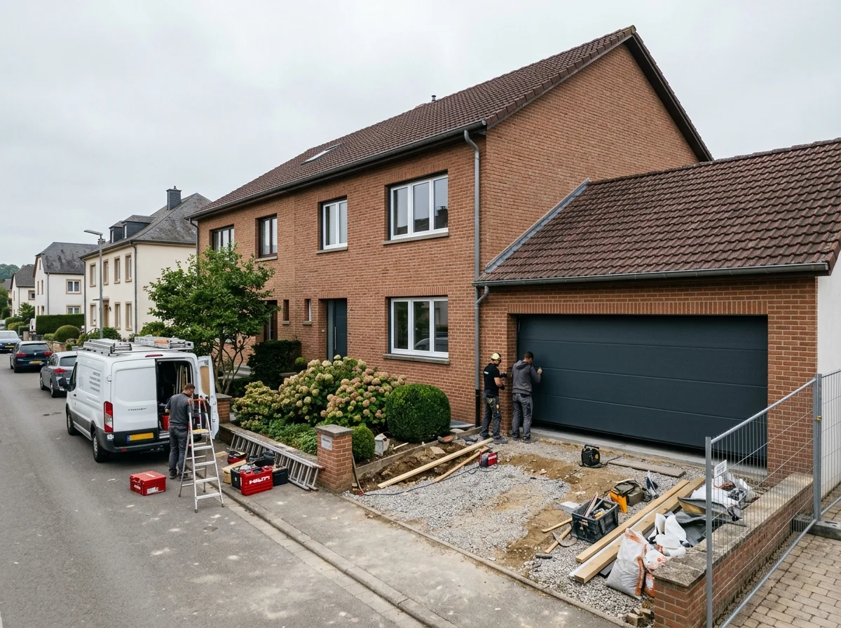 Maison luxembourgeoise en rénovation avec nouvelle porte sectionnelle