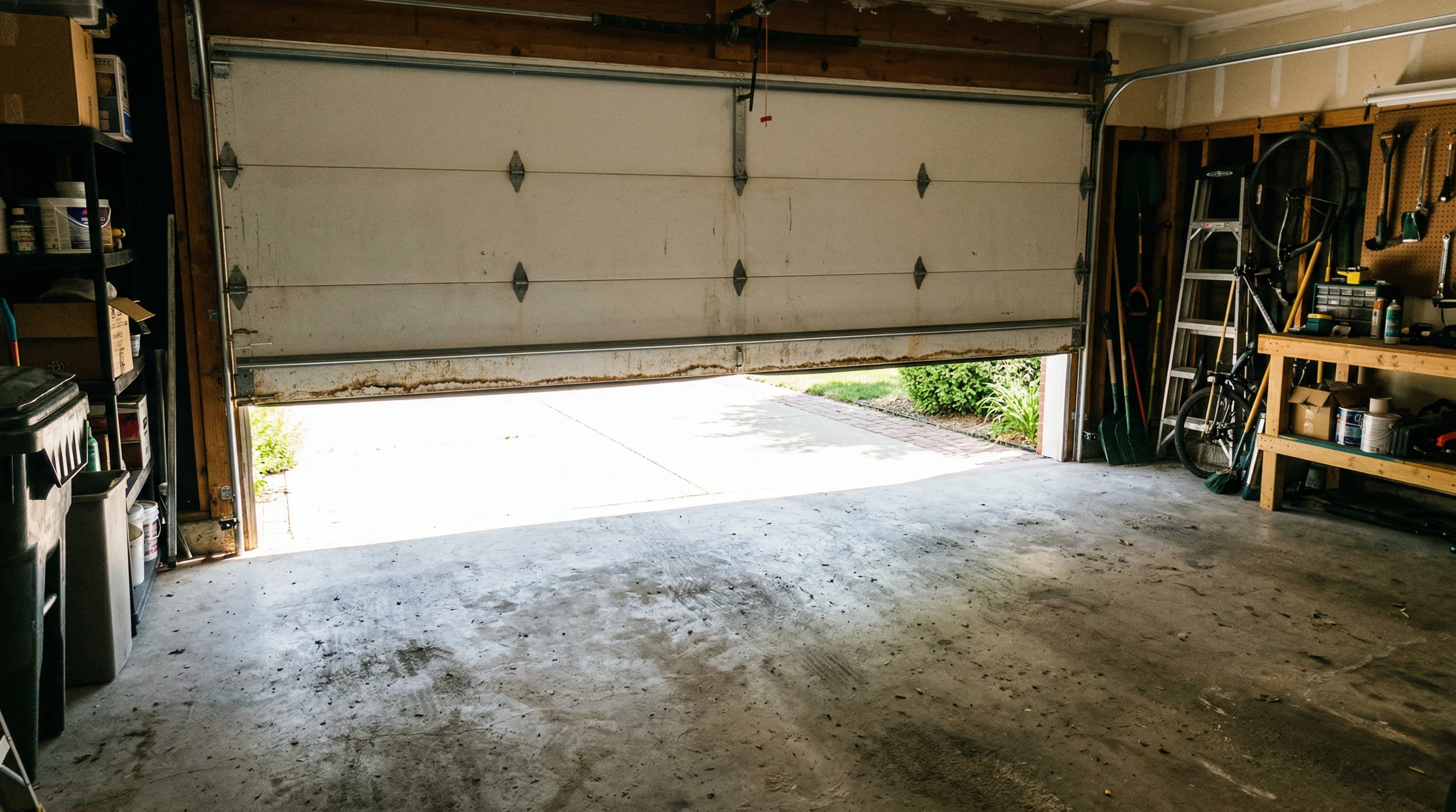 Garage door that won't close completely with visible gap at the bottom