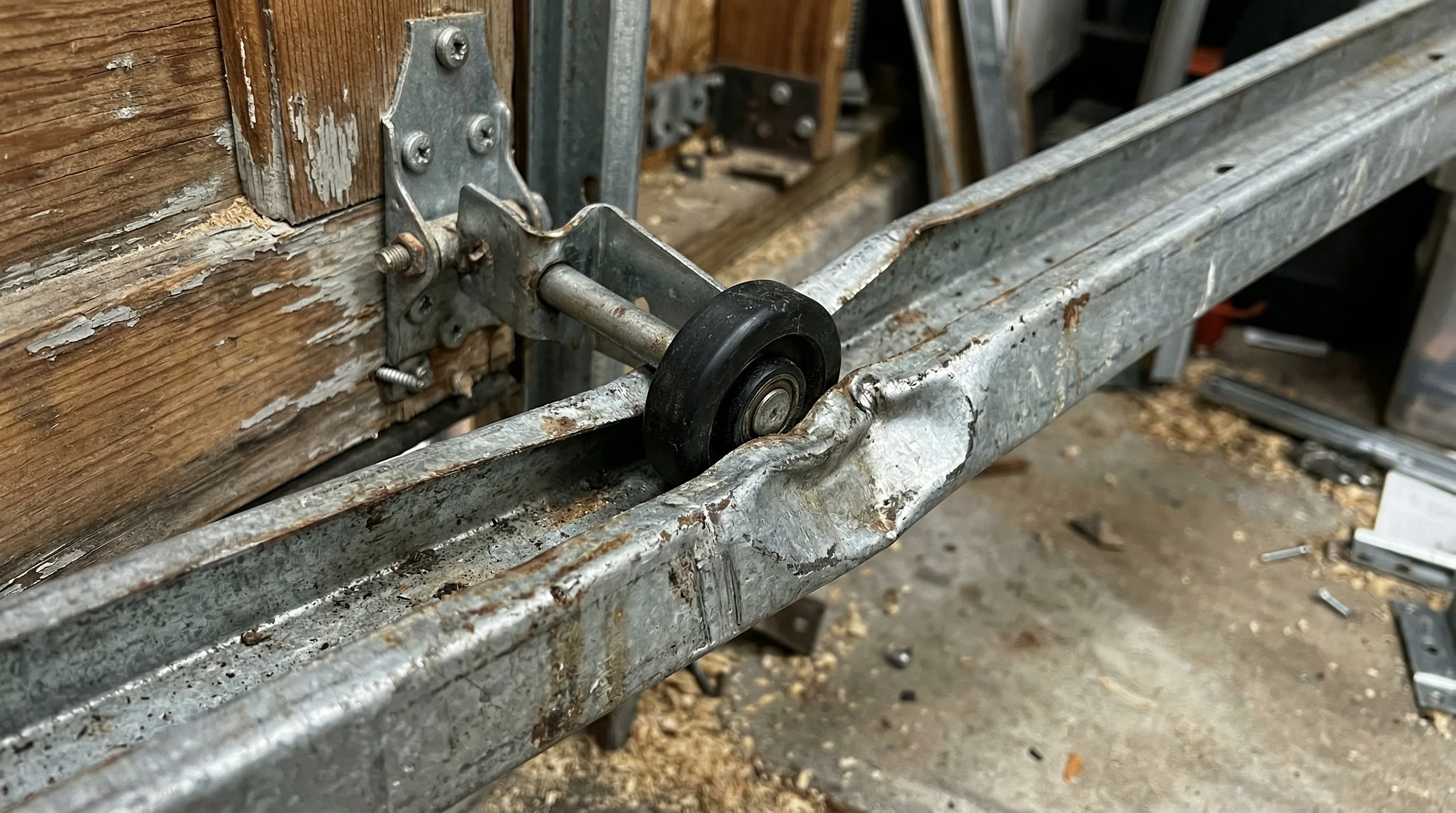 Verbogene Garagentor-Schiene mit blockierter Rolle